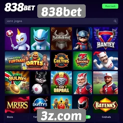 Diversidade de jogos disponíveis no 838bet